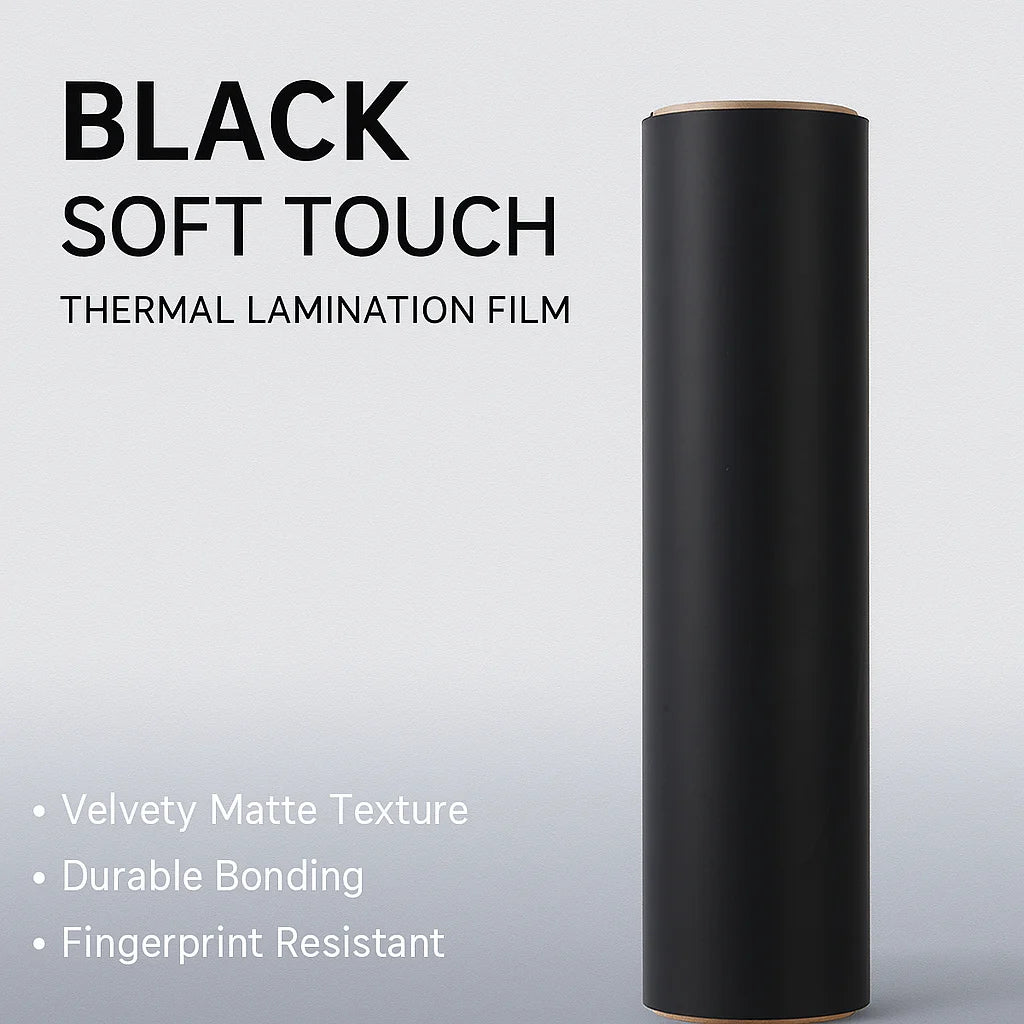 Black Soft Touch BOPP Thermal Lamination Film – 27mic Matte Finish | Custom Sizes for Premium Packaging