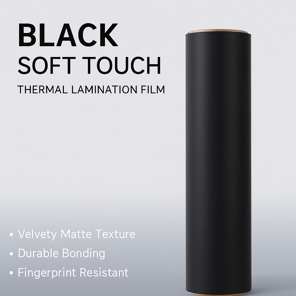 Matte black soft touch thermal lamination film for luxury packaging